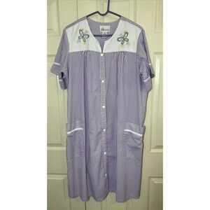 Seersucker Duster House Dress Robe Butterfly Embroidery Easy Essentials Sz L XL